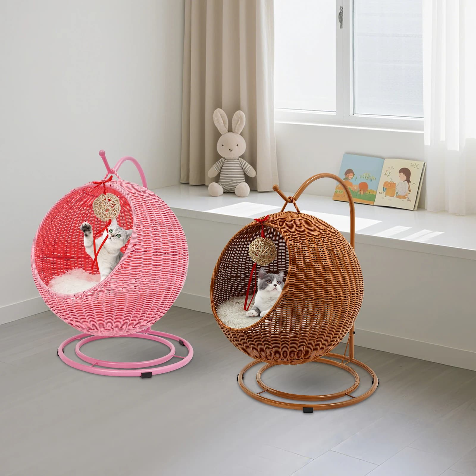 Cat Swing, Cat Chair for Indoor, Cat Basket, Hanging Chair for Cats Within 7.5kg, with Soft Cushion, Hand Weaving Cat Hammock