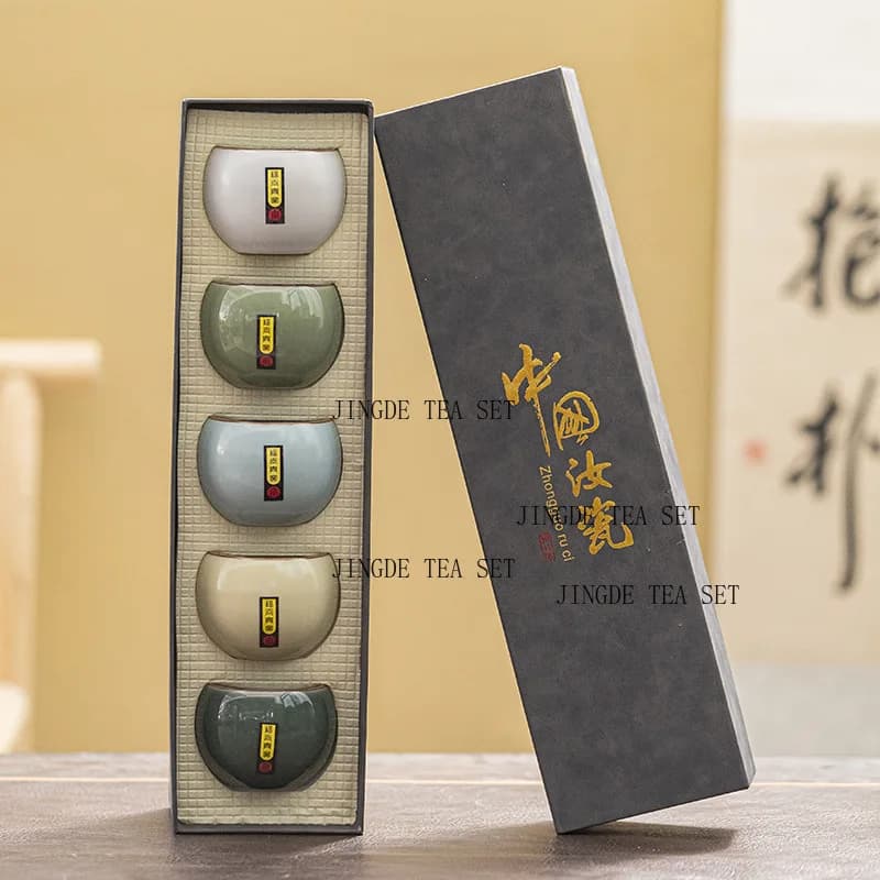 1 Set of 5 Ru Kiln Ceramic Tea Cups Home Master Cups Tea Bowls Kung Fu Tea Sets Gift Box Set