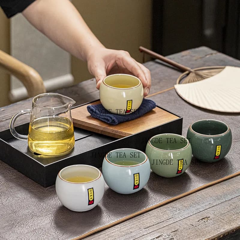 1 Set of 5 Ru Kiln Ceramic Tea Cups Home Master Cups Tea Bowls Kung Fu Tea Sets Gift Box Set