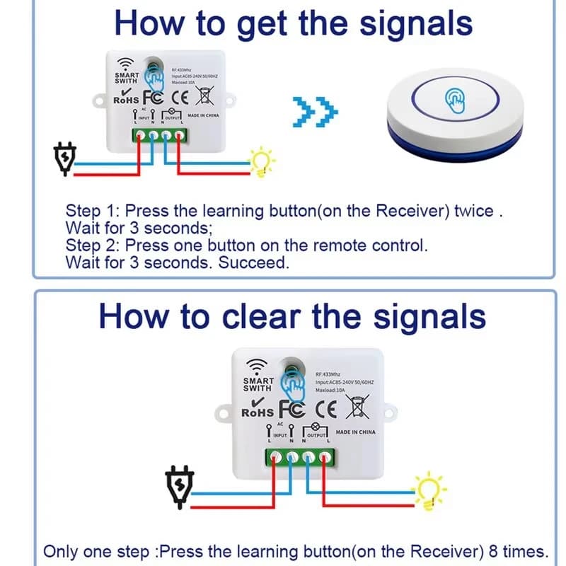 💡 Bezprzewodowy Włącznik Światła RF 433MHz z Pilotem (110V / 220V, 10A)

Steruj oświetleniem bez kucia ścian i prowadzenia nowych przewodów. Szybki montaż, wygodna obsługa, pełna kontrola.